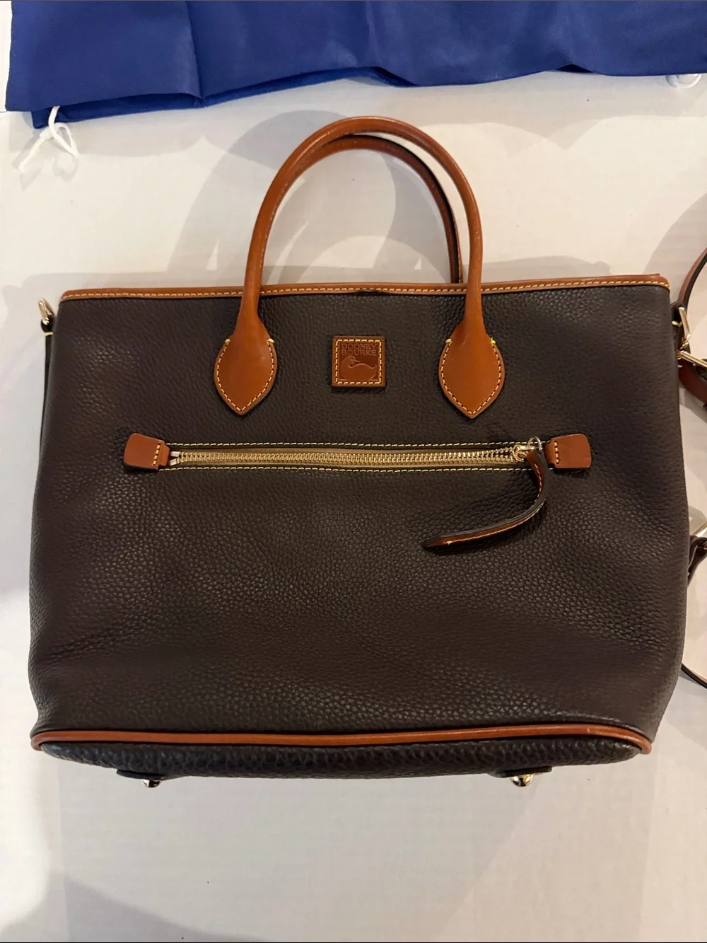 Dooney & Bourke Inspired Brown Leather Satchel with Tan Trim